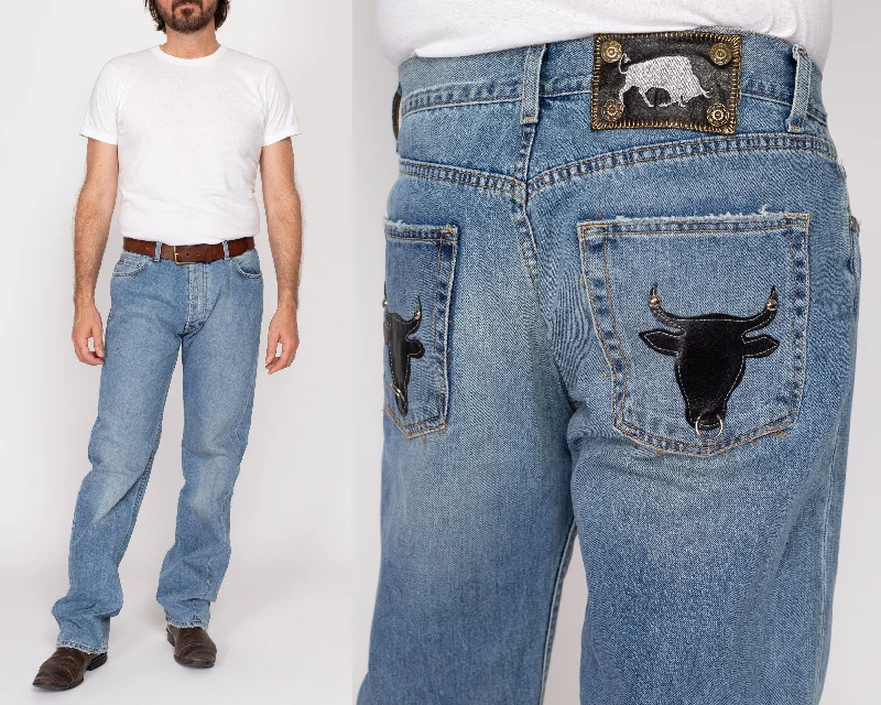 Elegant Comfort 34x34 Y2K Leather Bull Patch Jeans