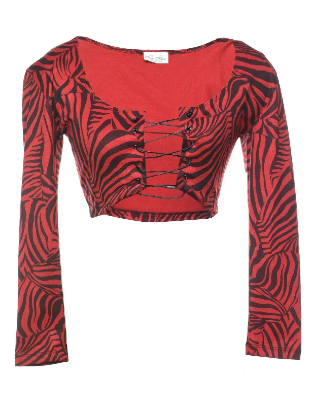 Fashionable Comfort Animal Print Red & Black 1990s Cropped Evening Top - S