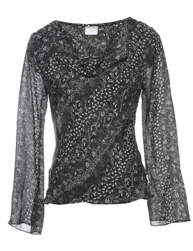 High-end Design Black & White Y2K Floral Printed Top - L