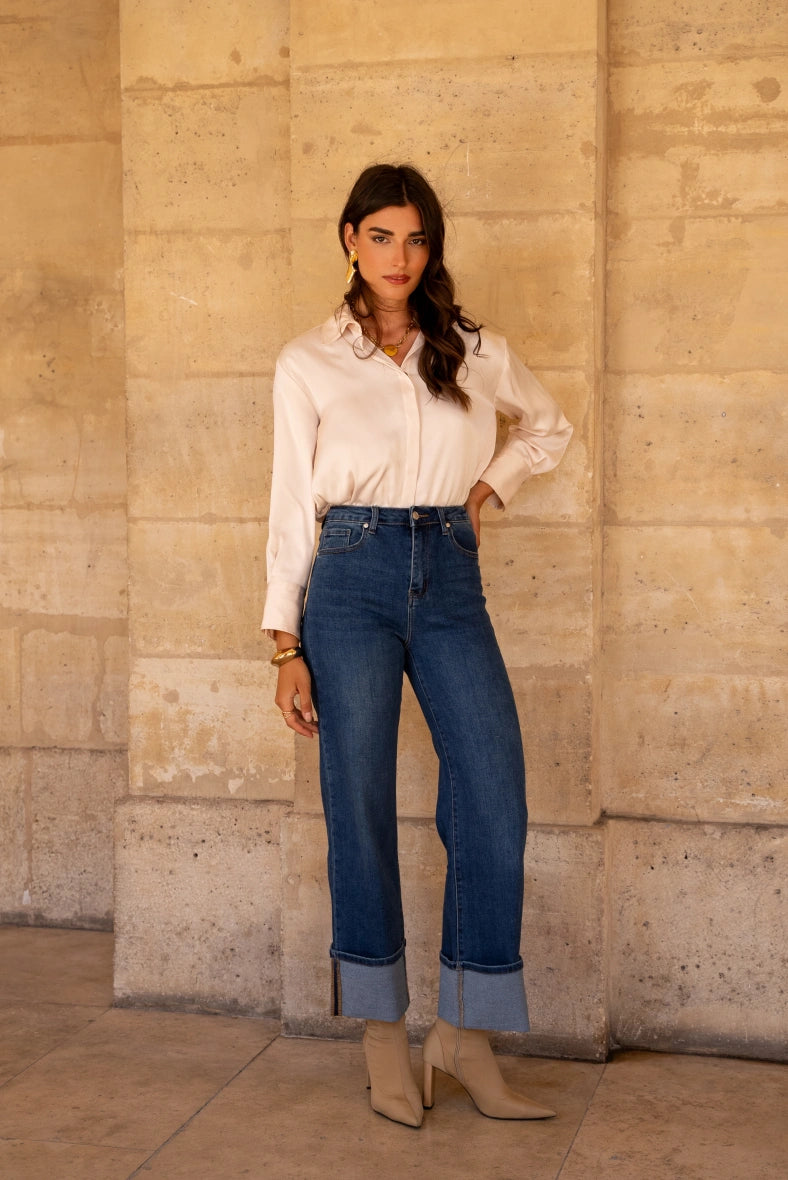 Cozy Chic Trends Louise High Waisted Cuff Jeans (Blue)