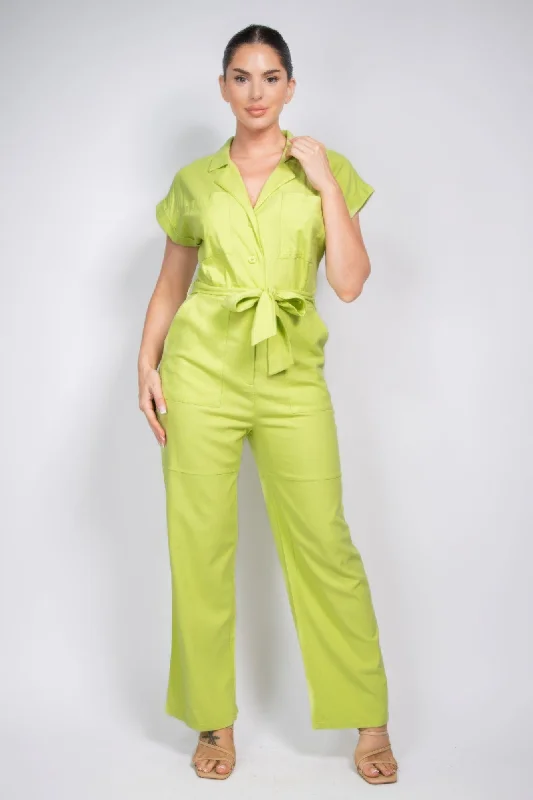 Slim Fit Belted Button-down Linen Jumpsuit