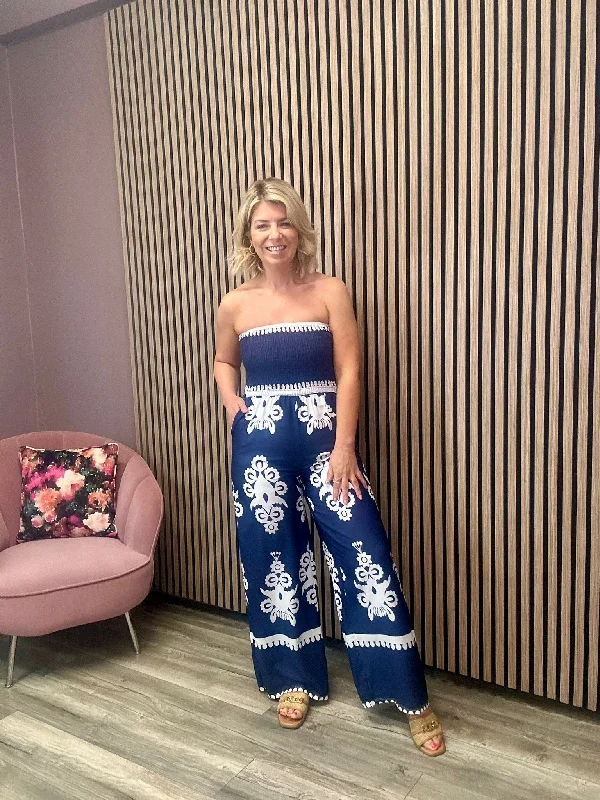 European And American Style Jean Strapless Wide Leg Jumpsuit (Navy/White)