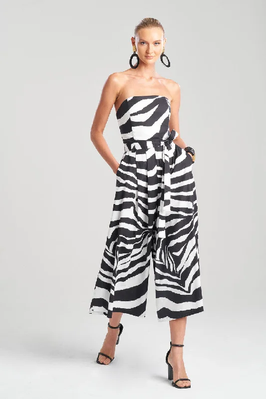 Simple And Comfortable Zebra Cotton Poplin Bustier Belted Palazzo Jumpsuit