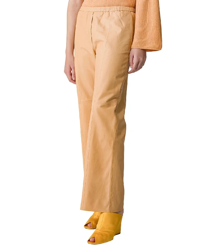 Embroidered Letters Nappa Leather Flared Pants In Cream