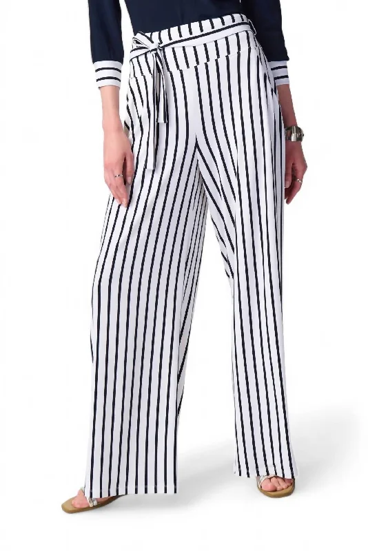 Casual Elegance Striped Silky Knit Wide Leg Pants In Vanilla/midnight Blue