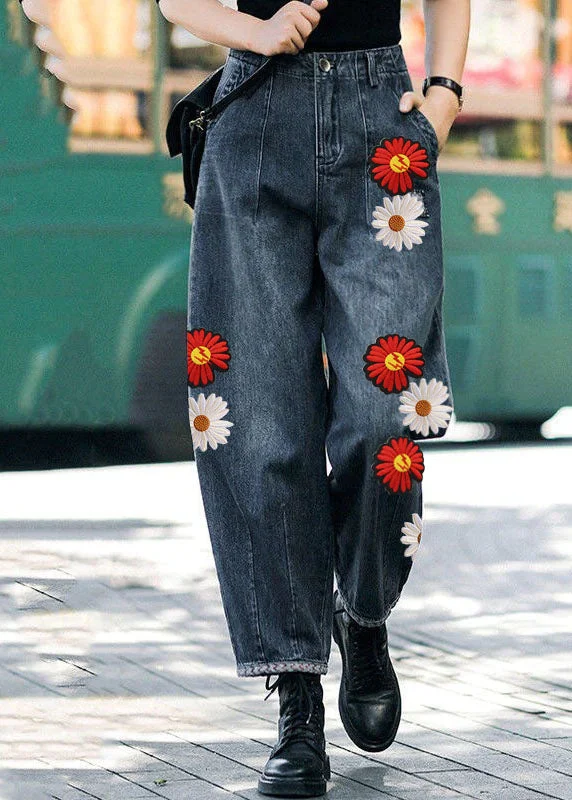Cool Breeze At Night Style Navy-Floral High Waist Pockets Harem Casual Fall Denim Pants