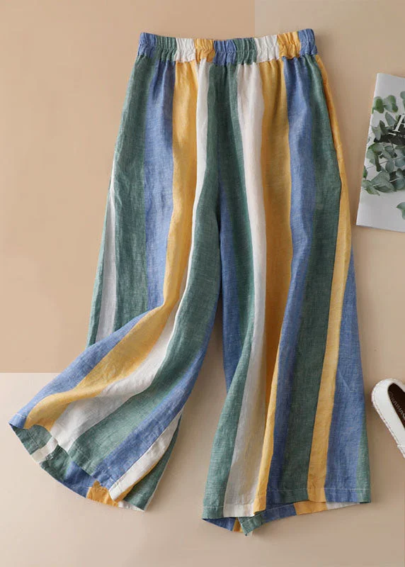 Light Fit Women Striped Pockets Patchwork Linen Wide Leg Pants Summer